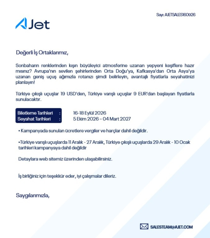 AJet — Kış Sezonu Kampanyalı Uçuş Fiyatları (Biletleme: 16-18 Eylül 2026)