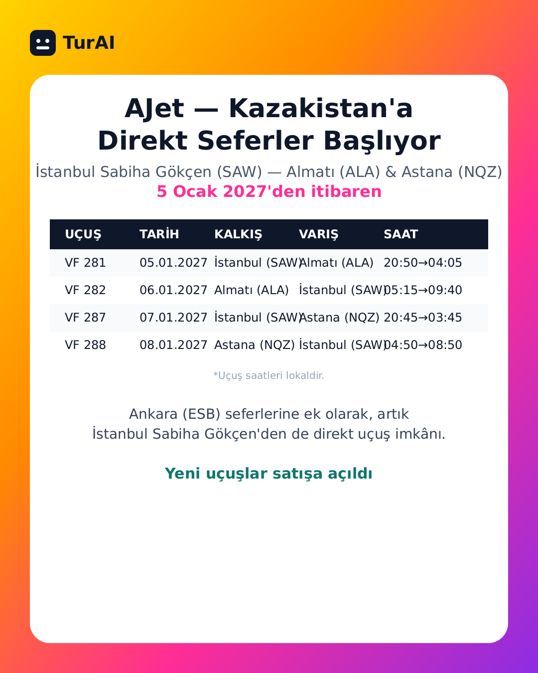 AJet — İstanbul Sabiha Gökçen'den Kazakistan'a Direkt Seferler Başlıyor