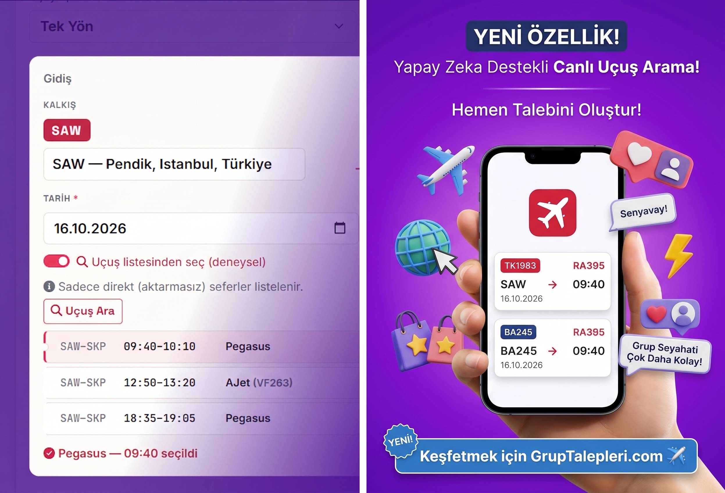 Yapay Zeka Destekli Canlı Uçuş Arama — GrupTalepleri.com'da Bir İlk