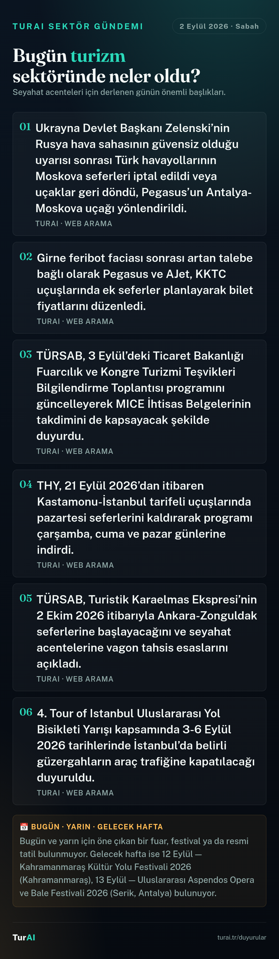 Sabah Turizm Gündemi — 2 Eylül 2026