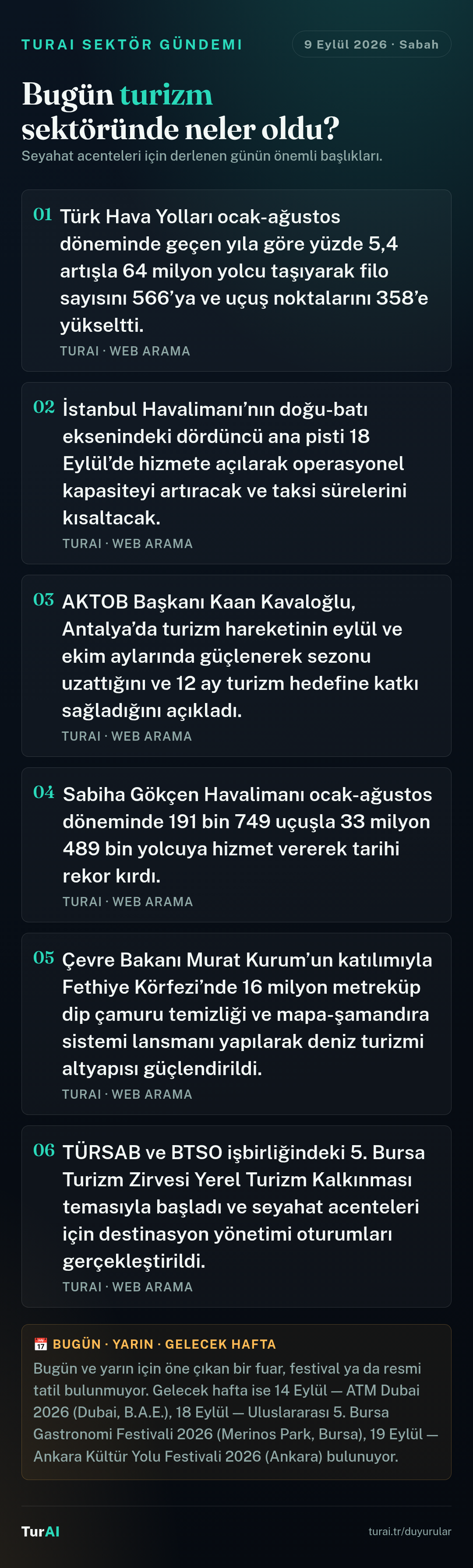 Sabah Turizm Gündemi — 9 Eylül 2026