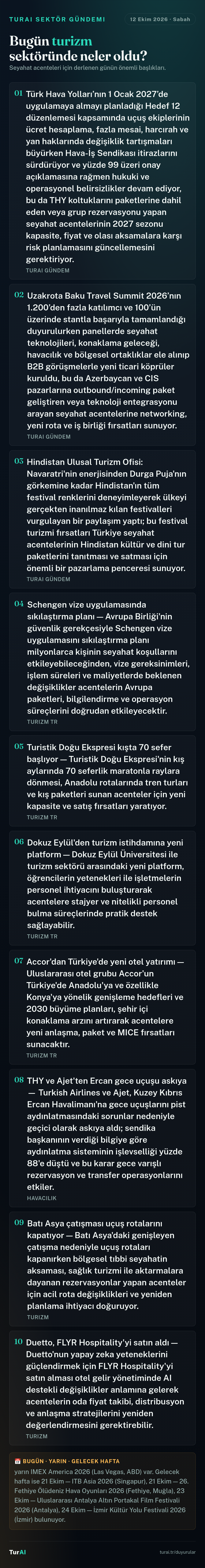 Sabah Turizm Gündemi — 12 Ekim 2026