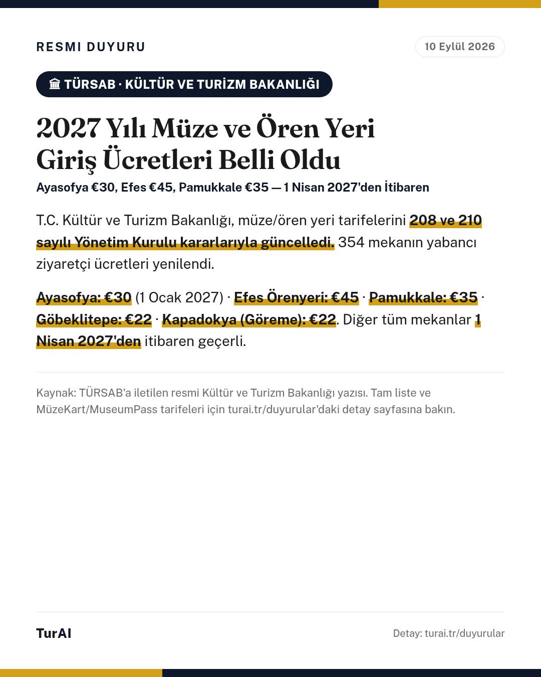 TÜRSAB'tan 2027 Yılı Müze ve Ören Yeri Giriş Ücretleri Duyurusu